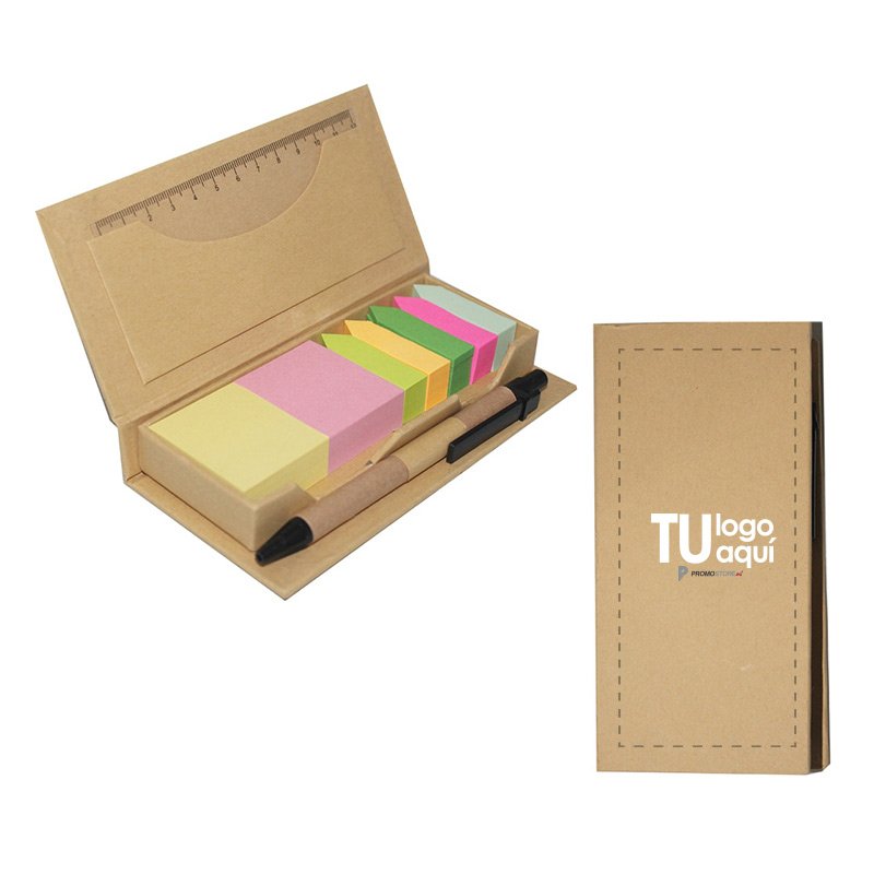 Bloc de notas + post its + bolígrafo +regla ecológicos